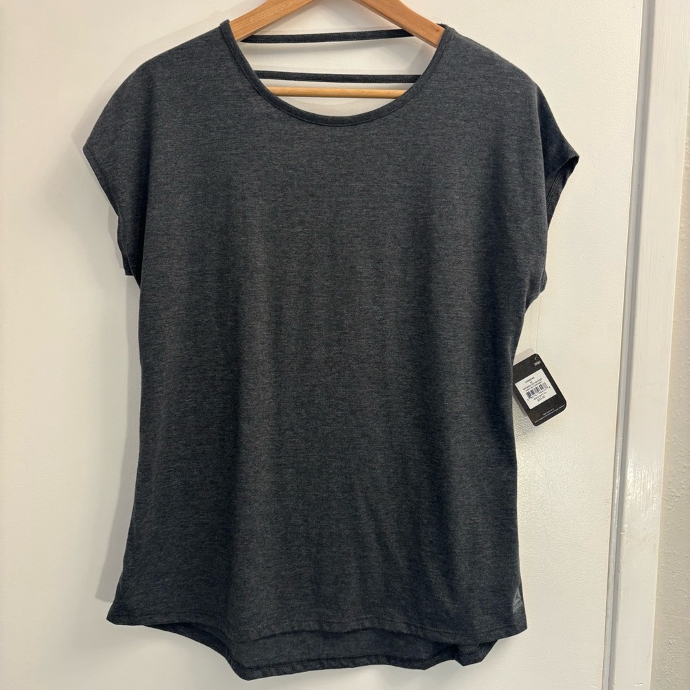 Reebok NWT Women's Bar Back Tee Shirt Top Medium Activewear Dark Heather Gray‎
